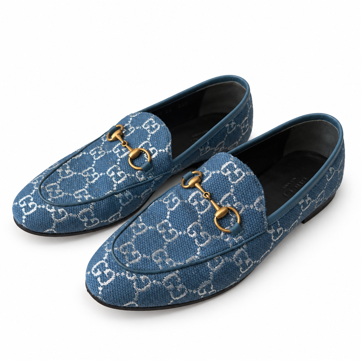 GUCCI - LOAFERS HORSEBIT BLUE GG MONOGRAM WITH SILVER-TONE EMBROIDERY SIZE 37 EU