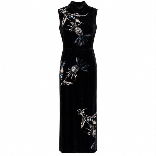 MIU MIU - DRESS SILK BLACK VELVET FLORAL MOCK NECK SIZE 36 IT
