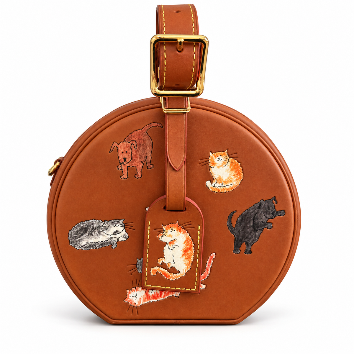 LOUIS VUITTON - BAG CATOGRAM ROUND HATBOX IN COGNAC BROWN LEATHER WITH CAT & DOG PRINT