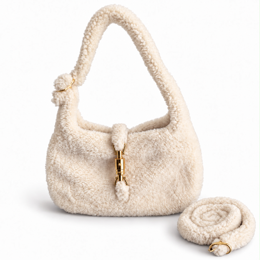 GUCCI - BAG JACKIE 1961 IVORY SHEARLING HOBO WITH GOLD TONE & STRAP