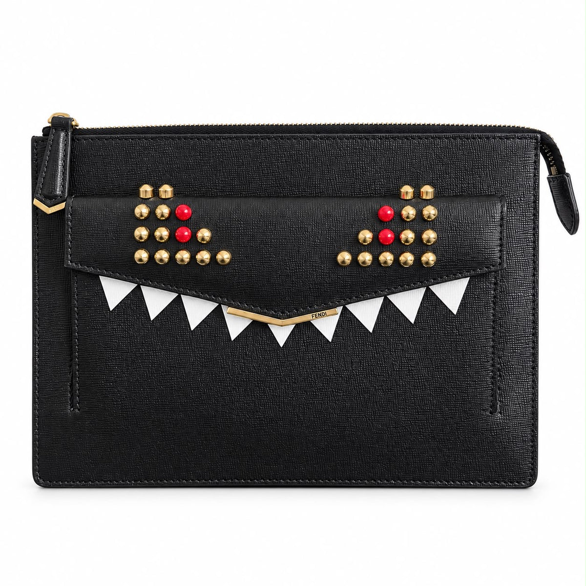 FENDI – CLUTCH BAG BUGS MONSTER BLACK TEXTURED LEATHER WITH STUDDED EYES & GOLD-TONE HARDWARE