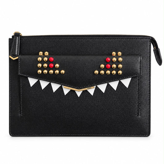 FENDI – CLUTCH BAG BUGS MONSTER BLACK TEXTURED LEATHER WITH STUDDED EYES & GOLD-TONE HARDWARE