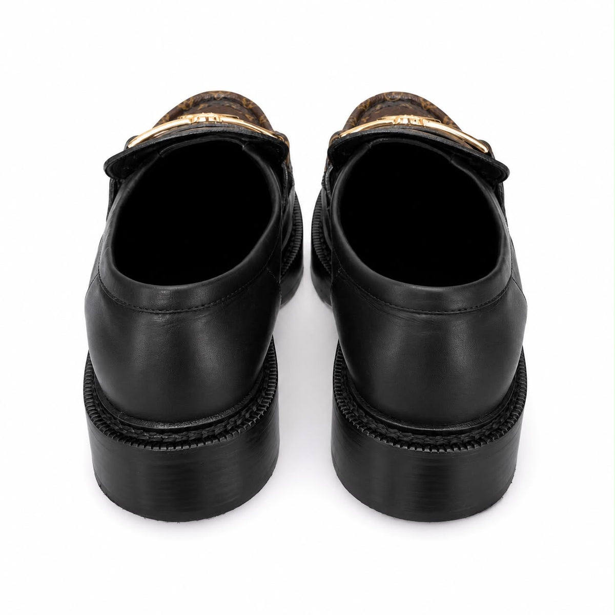 LOUIS VUITTON - LOAFER ACADEMY BLACK LEATHER & MONOGRAM CANVAS WITH GOLD-TONE LV BUCKLE SIZE 38 EU
