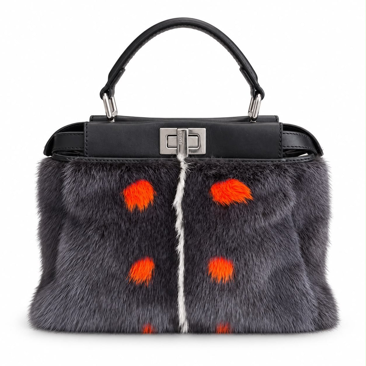 FENDI – BAG MINI PEEKABOO GREY FUR WITH ORANGE POLKA DOTS AND SILVER-TONE HARDWARE