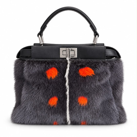 FENDI – BAG MINI PEEKABOO GREY FUR WITH ORANGE POLKA DOTS AND SILVER-TONE HARDWARE
