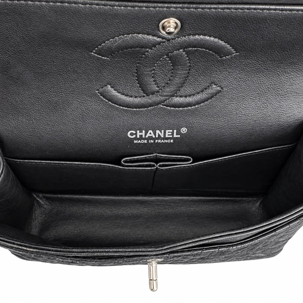 CHANEL - BAG TIMELESS CLASSIC FLAP BLACK CAMELLIA QUILTED LEATHER WITH SILVER TONE HARDWARE