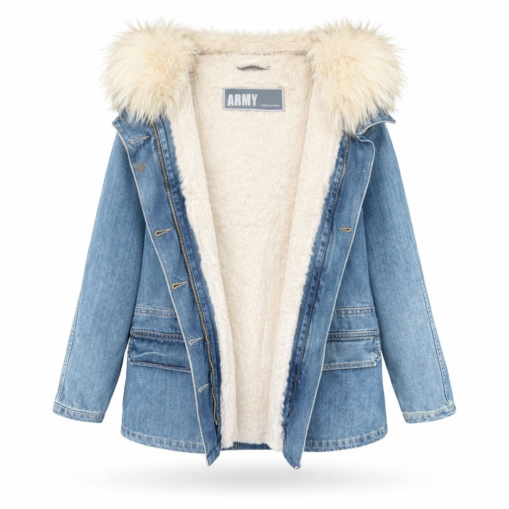 YVES SALOMON - PARKA IN DENIM LIGHT BLUE WITH ORILAG FUR LINING AND HOOD