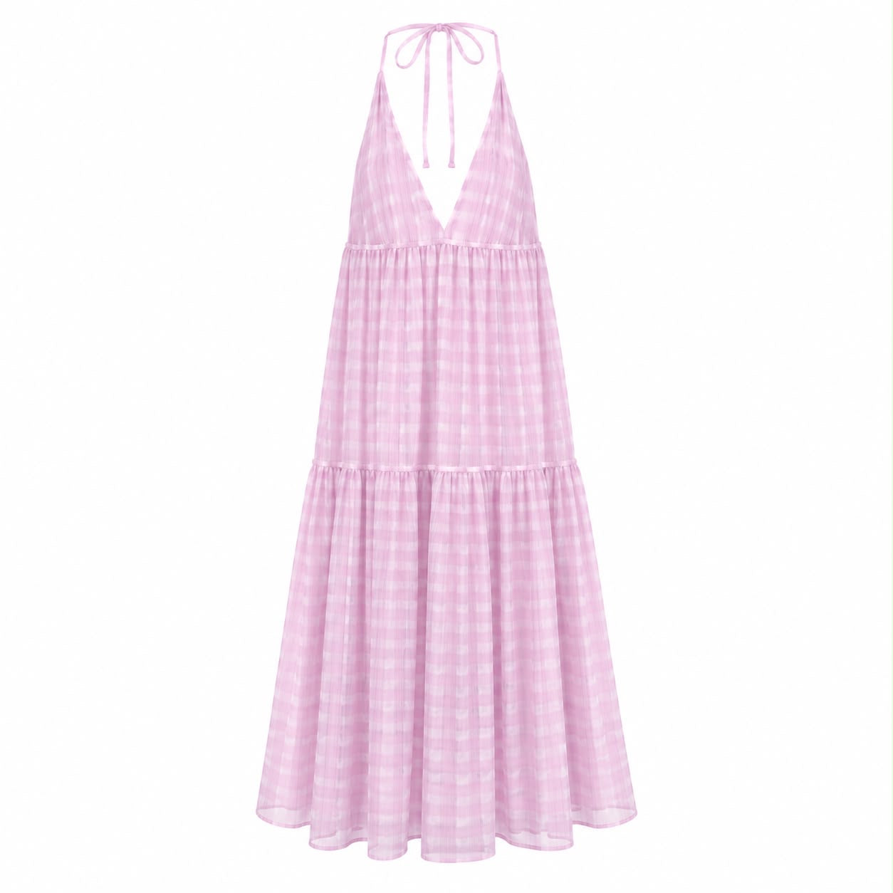 JACQUEMUS - MAXI DRESS CHECKED CHIFFON IN PINK AND WHITE SIZE 34 FR