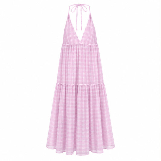 JACQUEMUS - MAXI DRESS CHECKED CHIFFON IN PINK AND WHITE SIZE 34 FR