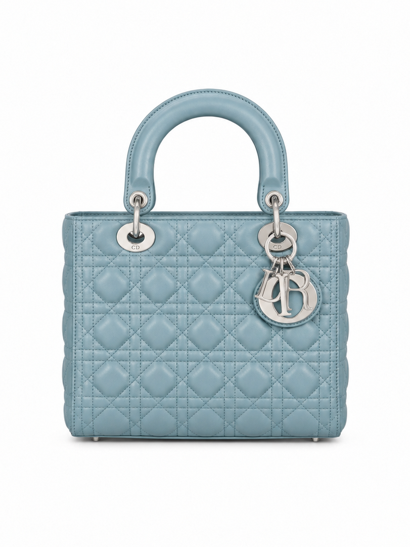 DIOR - *NEVER WORN* BAG LADY DIOR MEDIUM LAMBSKIN LIGHT BLUE SILVER HARDWARE
