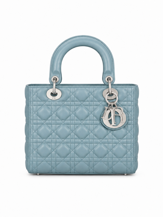 DIOR - *NEVER WORN* BAG LADY DIOR MEDIUM LAMBSKIN LIGHT BLUE SILVER HARDWARE