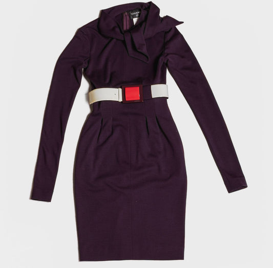 CHANEL - DRESS MIDI PURPLE WOOL WORH PATENT BELT SIZE 36 FR