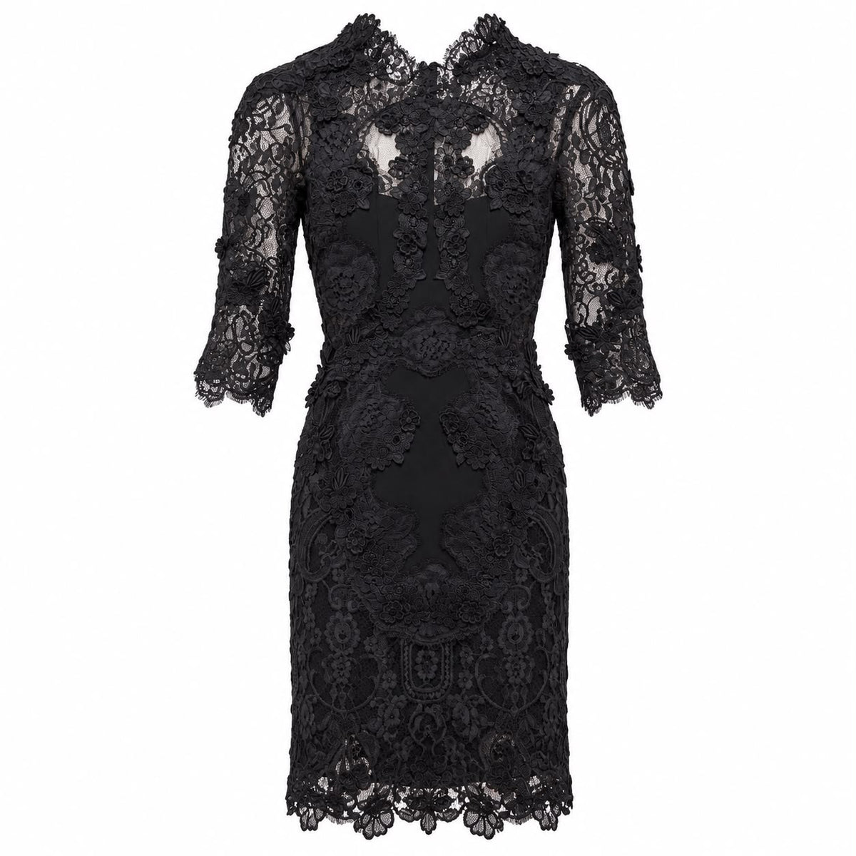 DOLCE & GABBANA – DRESS MIDI LACE BLACK FLORAL WITH 3D FLOWER APPLIQUÉS SIZE 36 IT