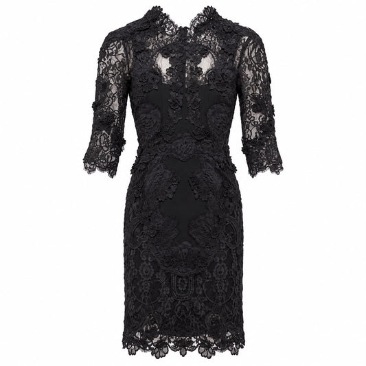 DOLCE & GABBANA – DRESS MIDI LACE BLACK FLORAL WITH 3D FLOWER APPLIQUÉS SIZE 36 IT