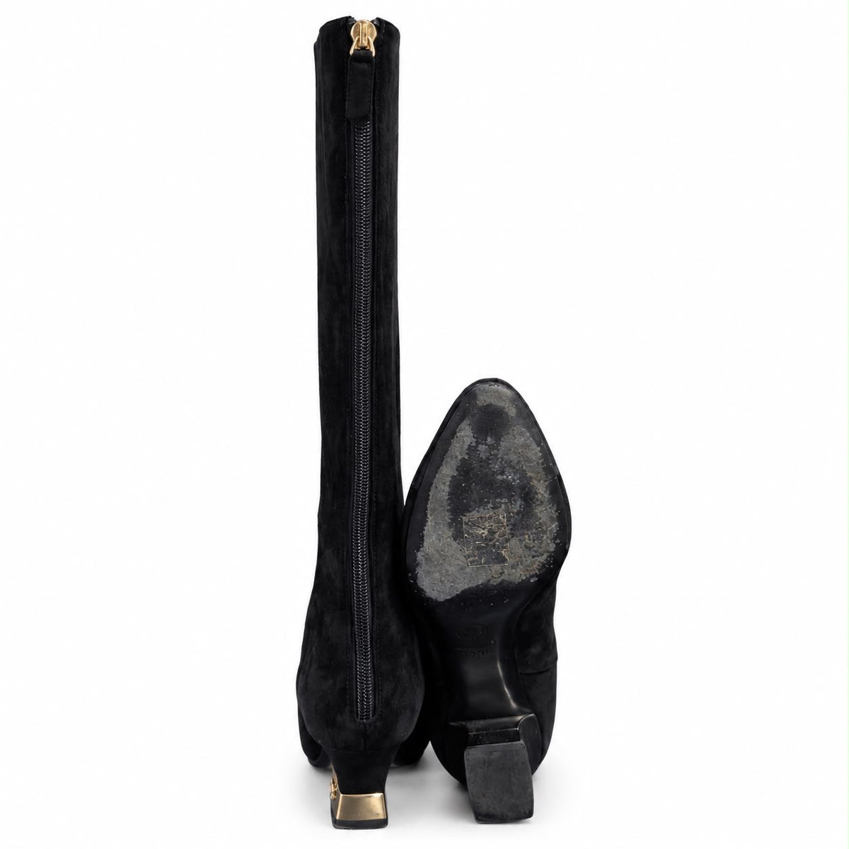 CHANEL - HIGH BOOTS BLACK SUEDE WITH CAP TOE & METALLIC HEEL SIZE 37 C