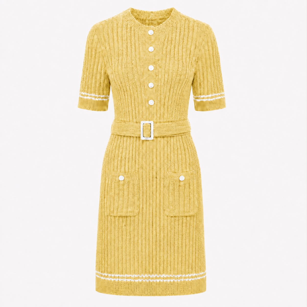 CHANEL - DRESS MIDI YELLOW & WHITE BELTED KNIT 22P SIZE 36 FR