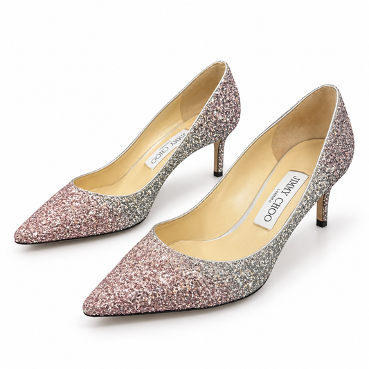 JIMMY CHOO - PUMPS ROMY DÉGRADÉ SILVER TO PINK GLITTER SIZE 37,5 EU
