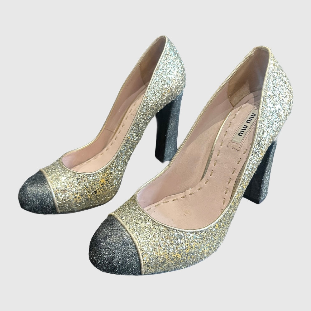 MIU MIU - PUMPS GOLD GLITTER & BLACK FOAL CALFSKIN SIZE 39,5 EU