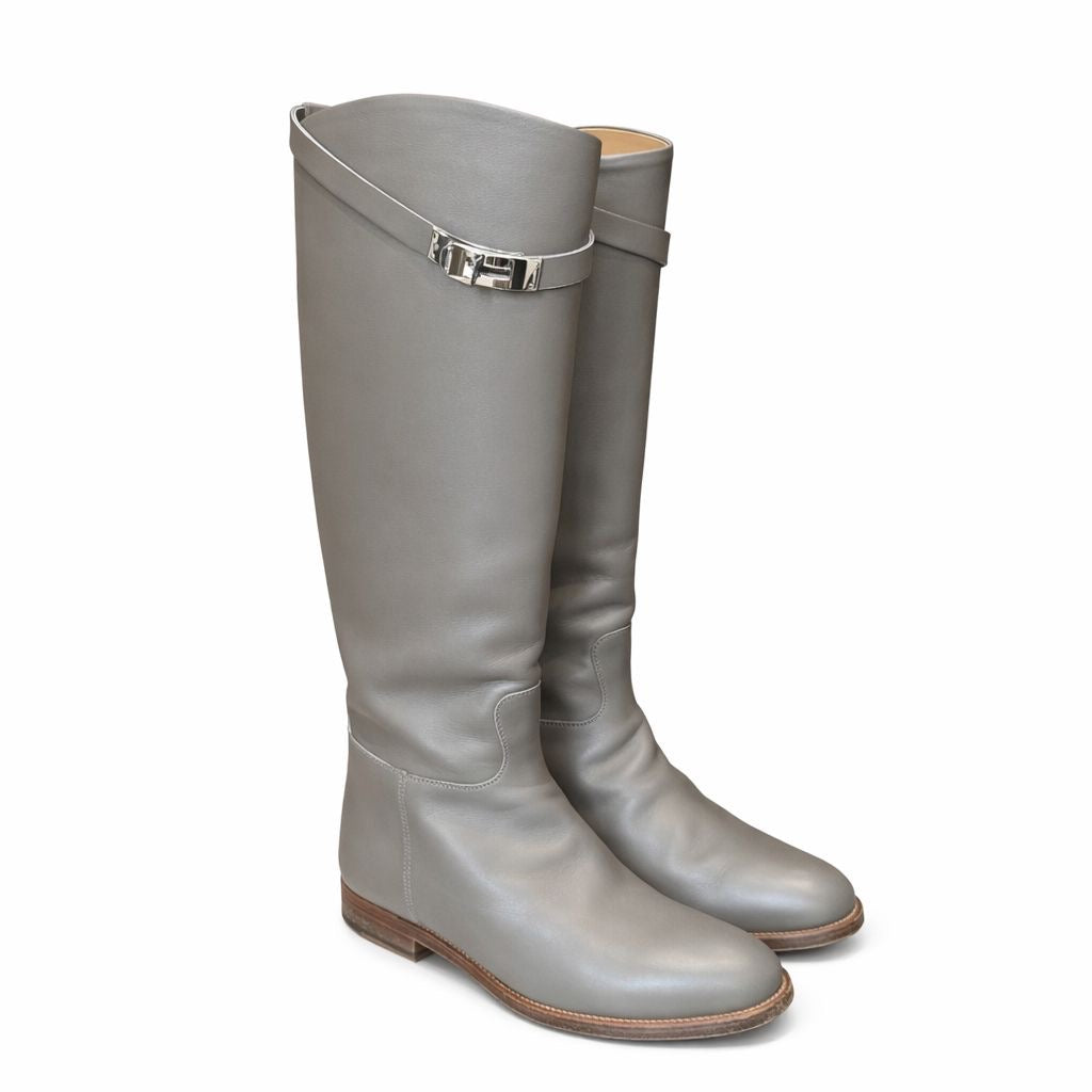 HERMÈS - BOOTS JUMPING LEATHER ÉTOUPE SILVER HARDWARE SIZE 37 EU