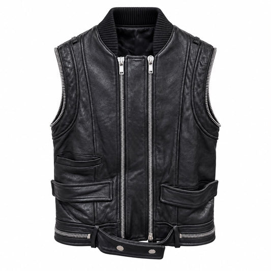 GIVENCHY - VEST LAMBSKIN BLACK BIKER SLEVELESS SIZE 36 FR