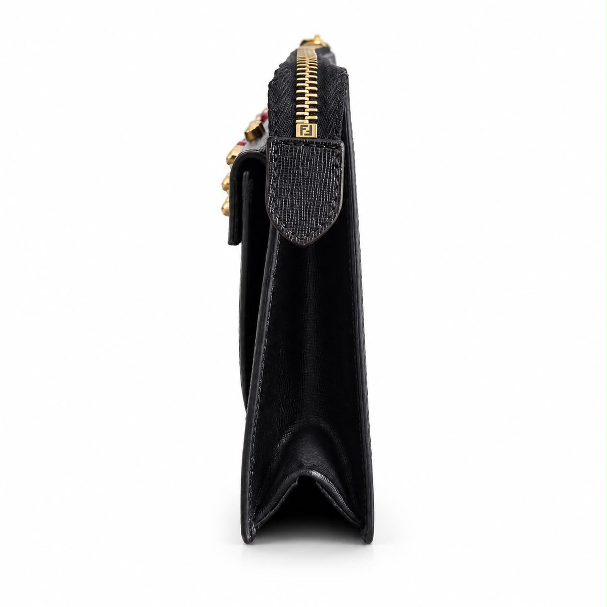 FENDI – CLUTCH BAG BUGS MONSTER BLACK TEXTURED LEATHER WITH STUDDED EYES & GOLD-TONE HARDWARE
