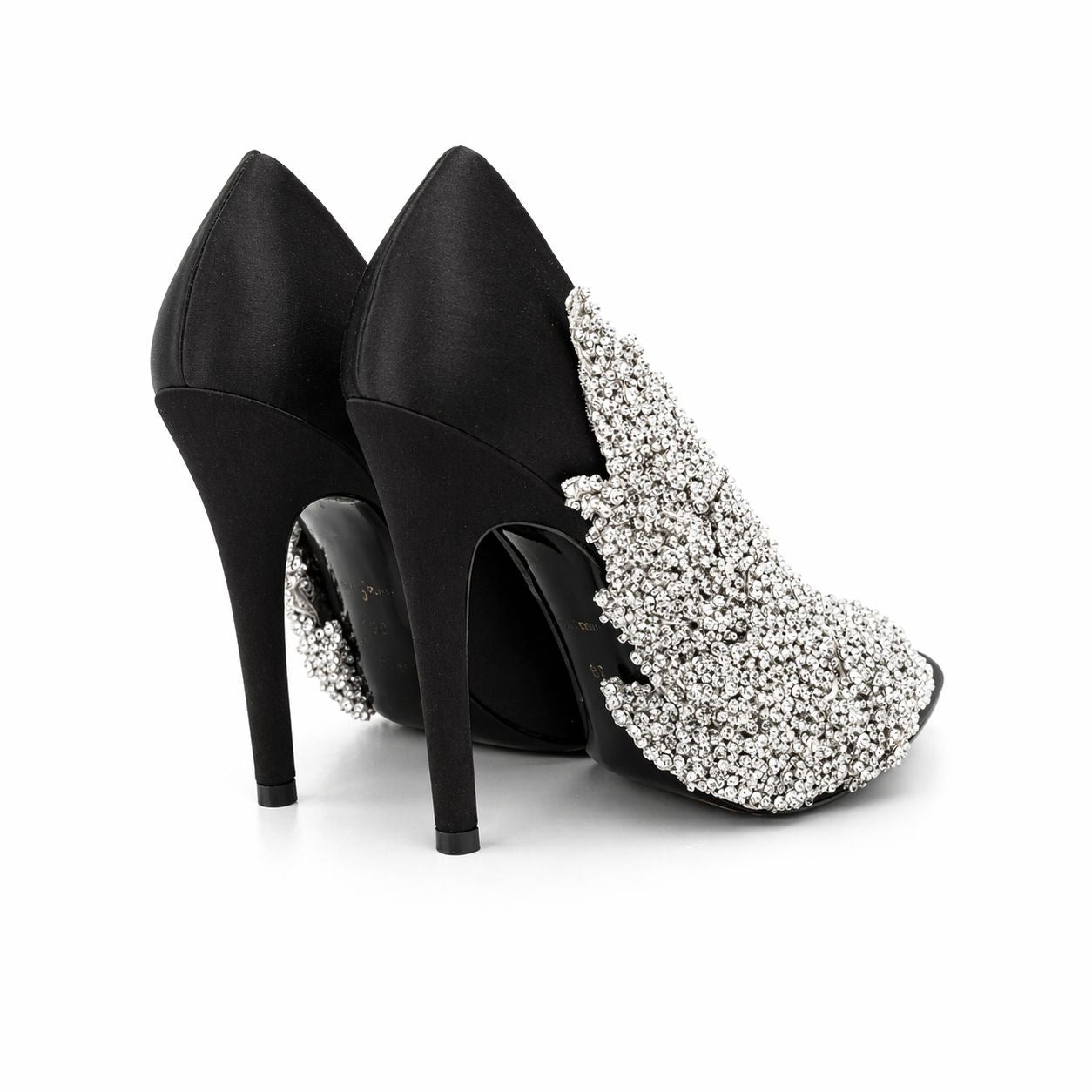 BALENCIAGA - PUMPS SLASH SATIN BLACK WITH SEQUIN FLORAL EMBROIDERY SIZE 39 EU