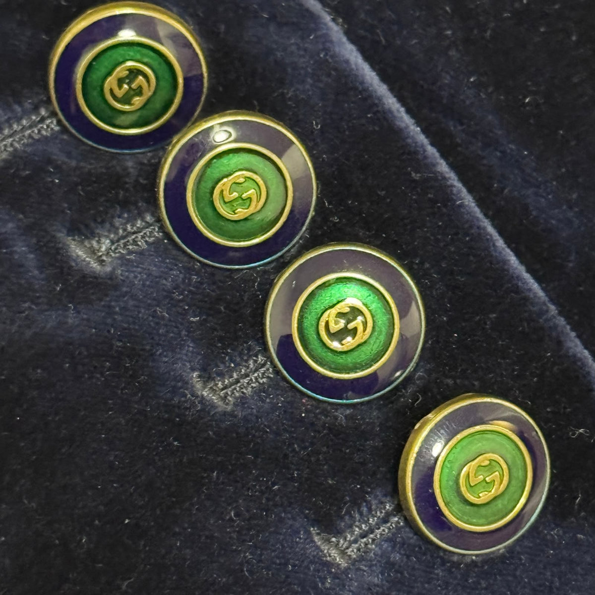 GUCCI - BLAZER NAVY BLUE VELVET WITH CORAL PINK TRIM & GG GREEN BUTTONS SIZE 40 IT