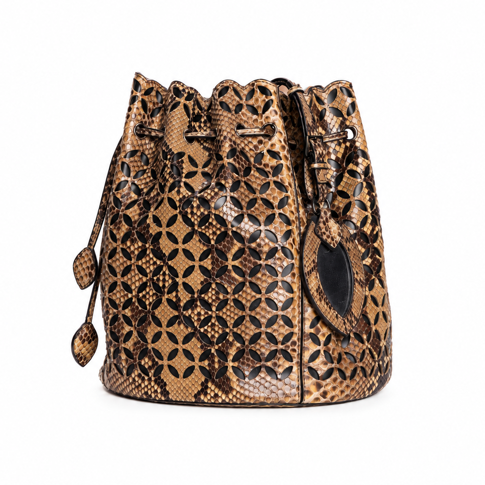ALAÏA - BAG PYTHON BUCKET IN BLACK AND BROWN WITH STRAP
