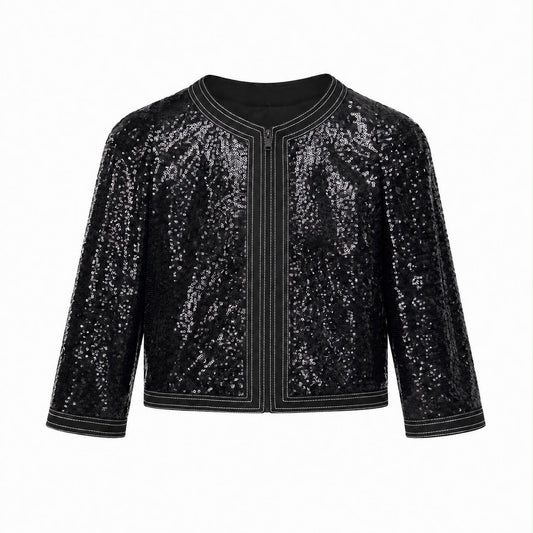 CHANEL - JACKET BLACK SEQUIN CROPPED SIZE 38 FR