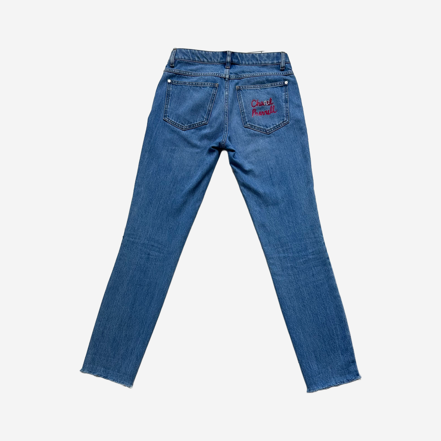 CHANEL - DENIM BLUE JEANS WITH PHARREL RED LOGO ON BACK POCKET SIZE 34 FR