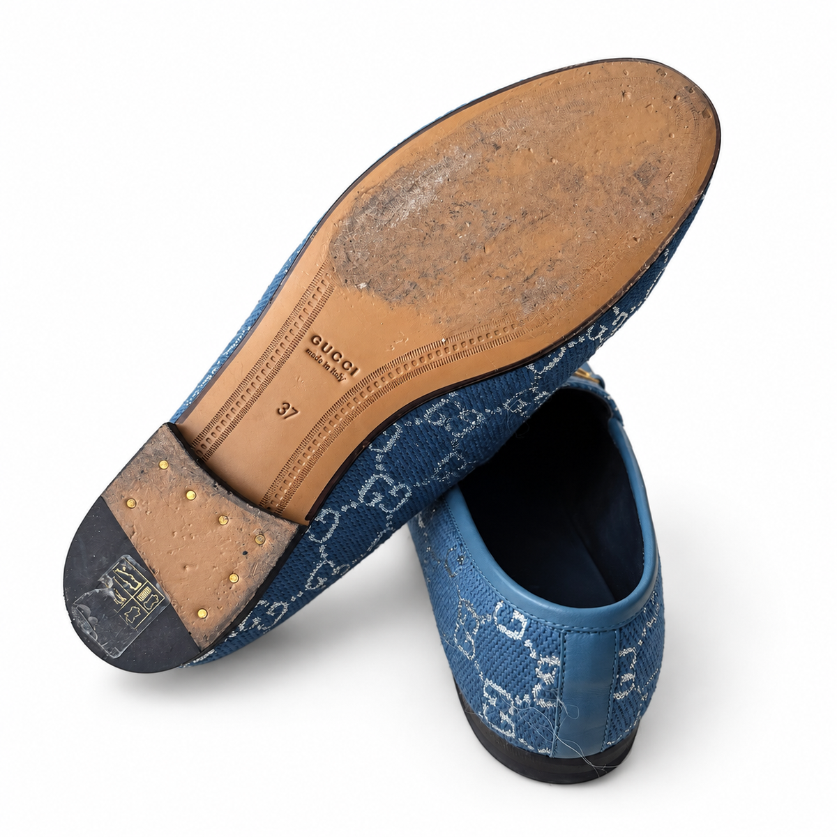 GUCCI - LOAFERS HORSEBIT BLUE GG MONOGRAM WITH SILVER-TONE EMBROIDERY SIZE 37 EU