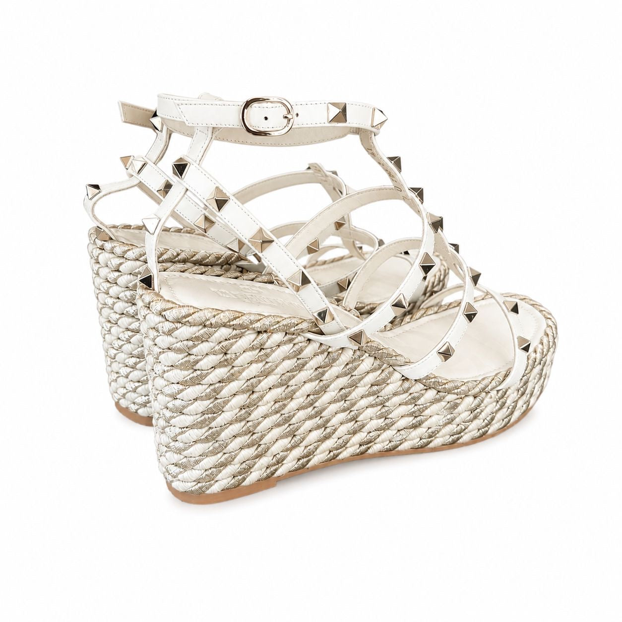 VALENTINO - WEDGE SANDALS ROCKSTUD WHITE AND SILVER SIZE 41