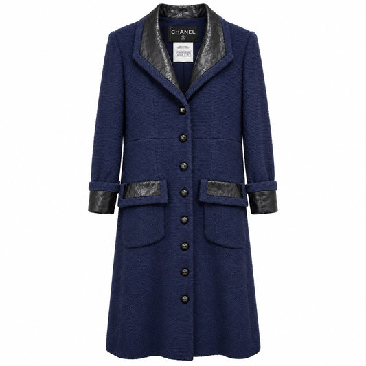 CHANEL - LONG COAT TWEED NAVY BLUE WITH BLACK LEATHER TRIM SIZE 34 FR