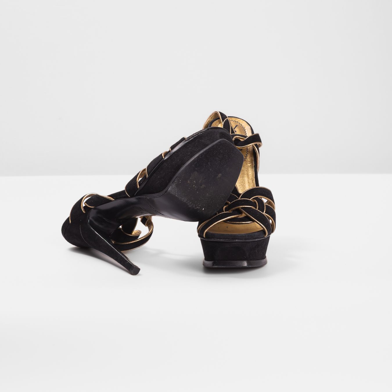 SAINT LAURENT - SANDALS TRIBUTE BLACK SUEDE WITH GOLD TRIM SIZE 37,5 EU