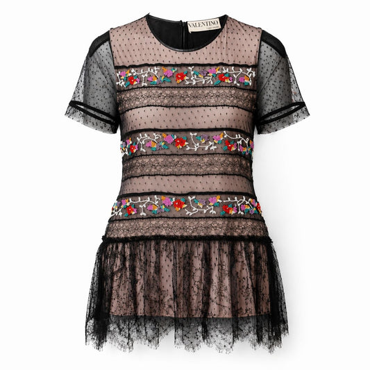 VALENTINO - SHIRT LACE AND BEADED FLORAL EMBROIDERY BLACK SIZE S