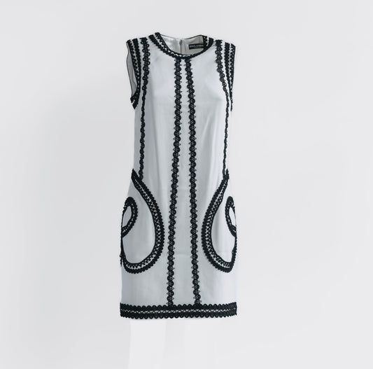 DOLCE & GABBANA - DRESS MIDI WHITE WITH BLACK TRIM SIZE 42 IT