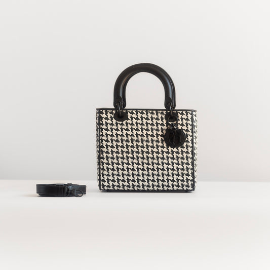 DIOR - LADY DIOR BAG MEDIUM ULTRAMATTE BLACK & WHITE HOUNDSTOOTH