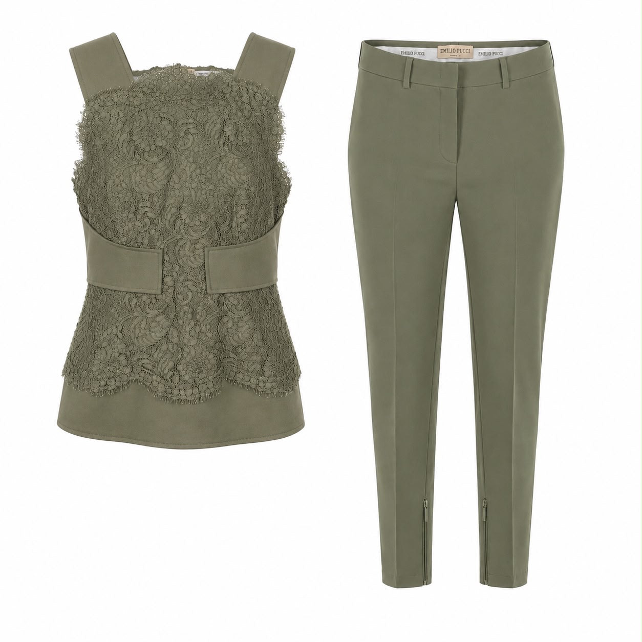 EMILIO PUCCI - TOP & TROUSERS SET KHAKI GREEN LACE SIZE 38FR/36FR