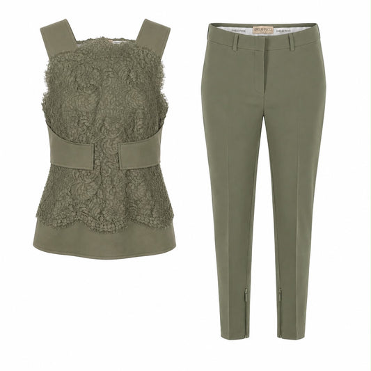 EMILIO PUCCI - TOP & TROUSERS SET KHAKI GREEN LACE SIZE 38FR/36FR