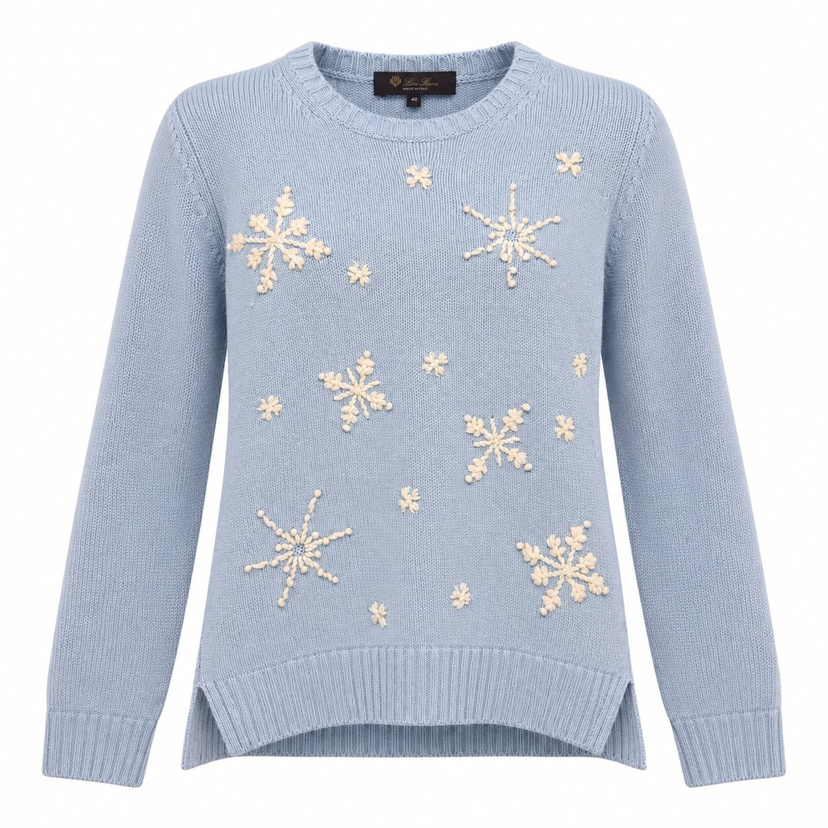 LORO PIANA - SWEATER POWDER BLUE CASHMERE CRYSTAL SNOWFLAKE EMBROIDERY SIZE 40 IT
