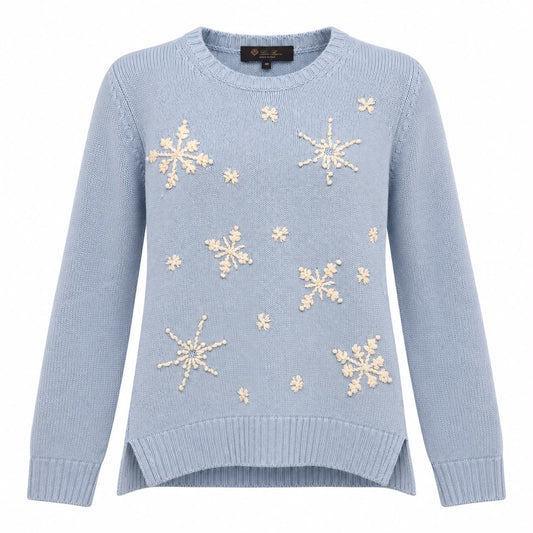 LORO PIANA - SWEATER POWDER BLUE CASHMERE CRYSTAL SNOWFLAKE EMBROIDERY SIZE 40 IT