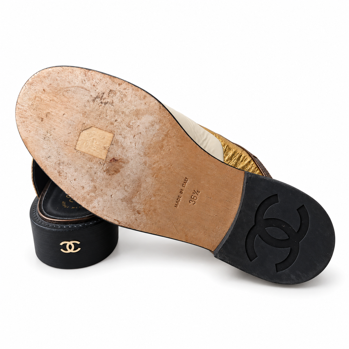 CHANEL - MULES LACE-UP MULTICOLOR METALLIC LEATHER WITH BLACK PATENT CAP TOE SIZE 36,5 EU