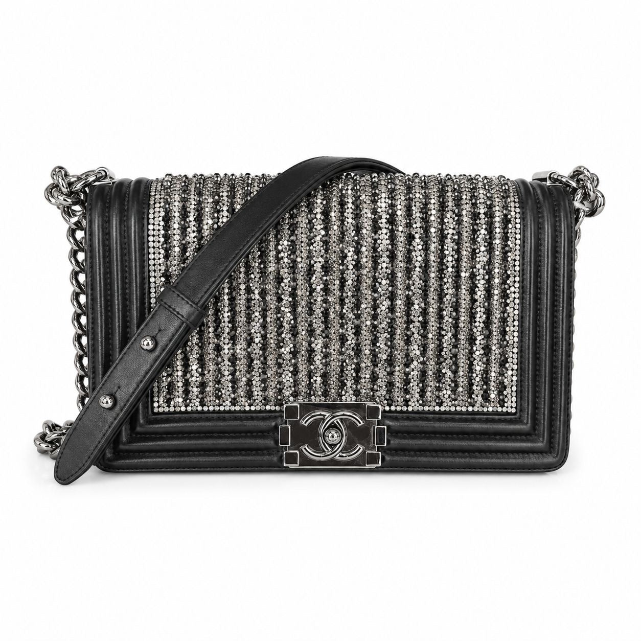 CHANEL - BAG BOY MEDIUM BLACK METALLIC LAMBSKIN WITH GLASS PEARL EMBROIDERY