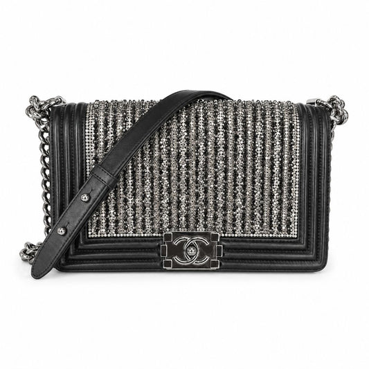 CHANEL - BAG BOY MEDIUM BLACK METALLIC LAMBSKIN WITH GLASS PEARL EMBROIDERY