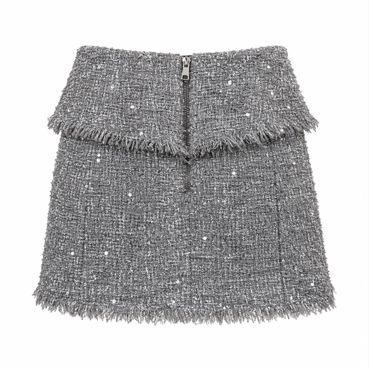 BALMAIN - SKIRT MINI TWEED GREY SEQUIN-EMBELLISHED FRAYED DETAILS SIZE 38 FR