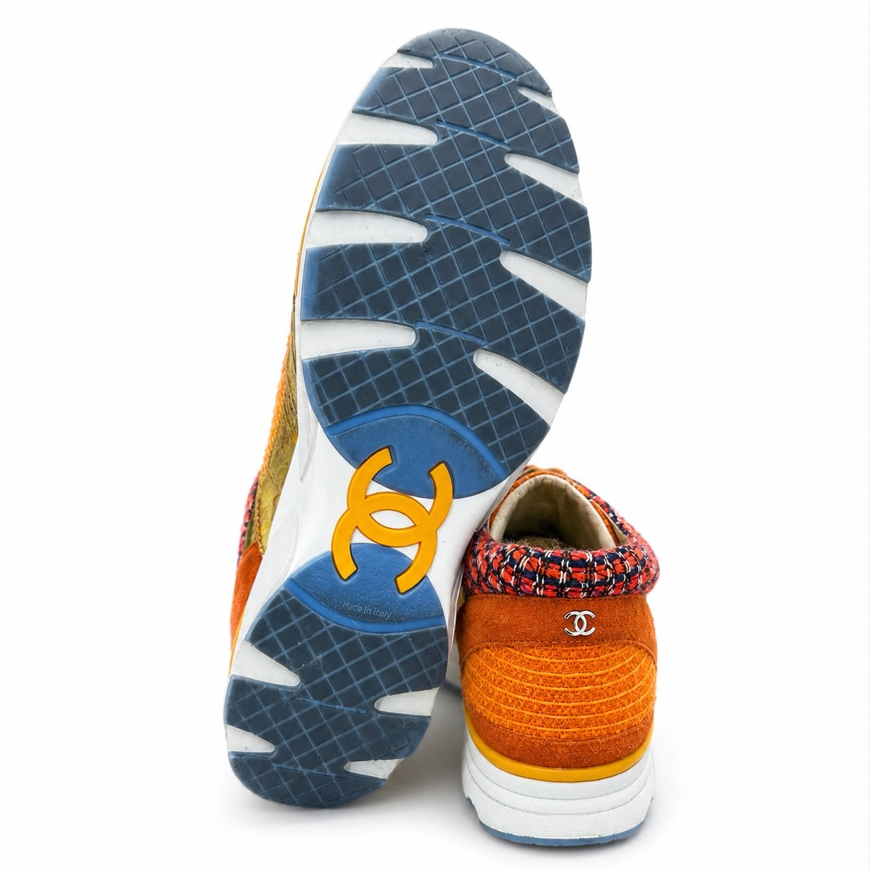 CHANEL - SNEAKERS TWEED SUEDE & METALLIC LEATHER ORANGE GOLD SIZE 39 EU