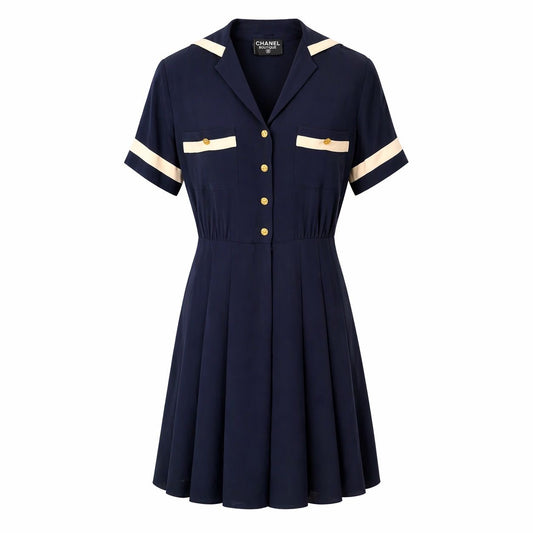 CHANEL - DRESS NAVY SAILOR-STYLE SHORT SIZE S