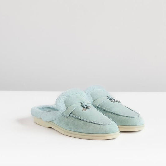 LORO PIANA - *BRAND NEW* WALK BABUCHE LOAFER FLAT LIGHT BLUE SUÈDE FUR LINING SIZE 39 EU
