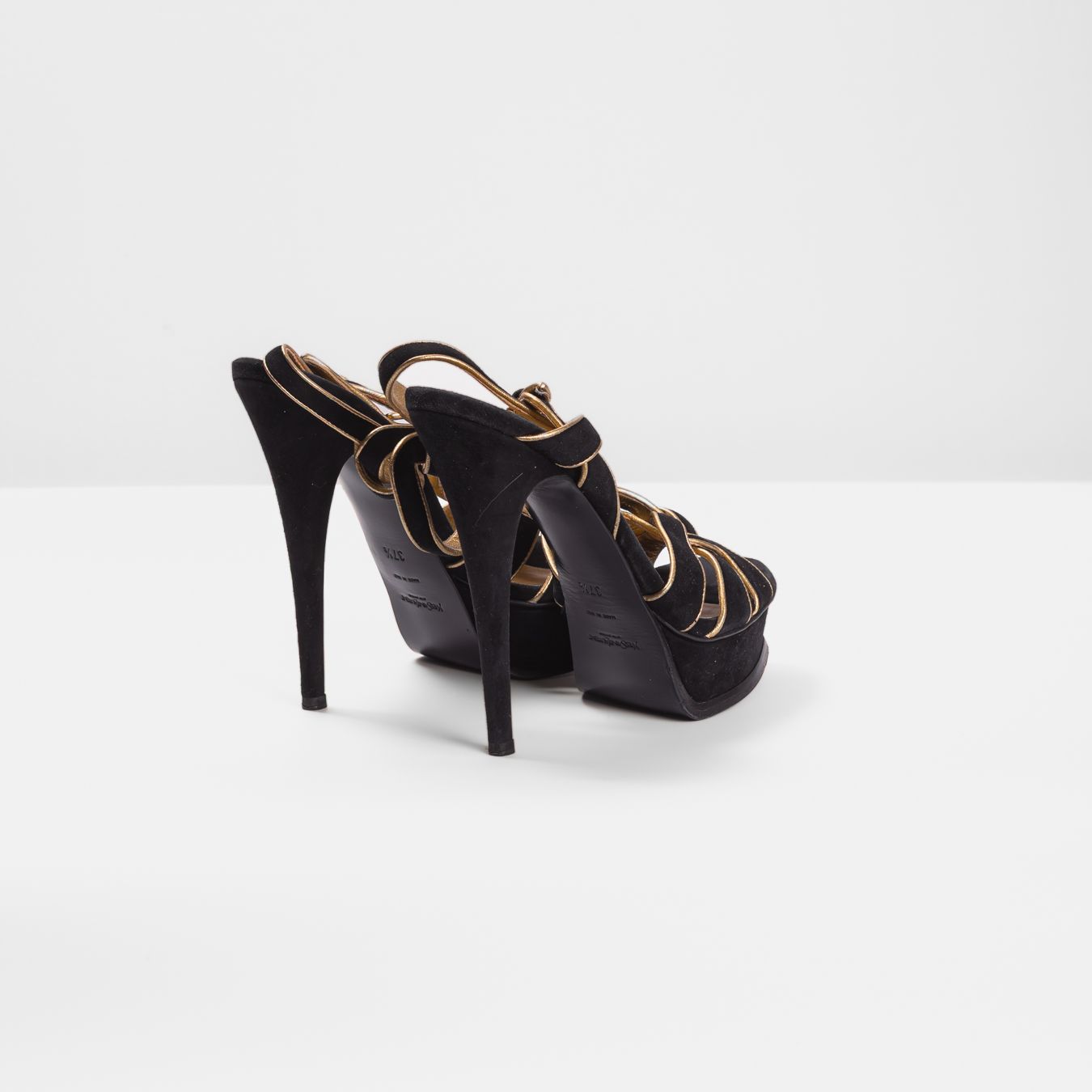 SAINT LAURENT - SANDALS TRIBUTE BLACK SUEDE WITH GOLD TRIM SIZE 37,5 EU