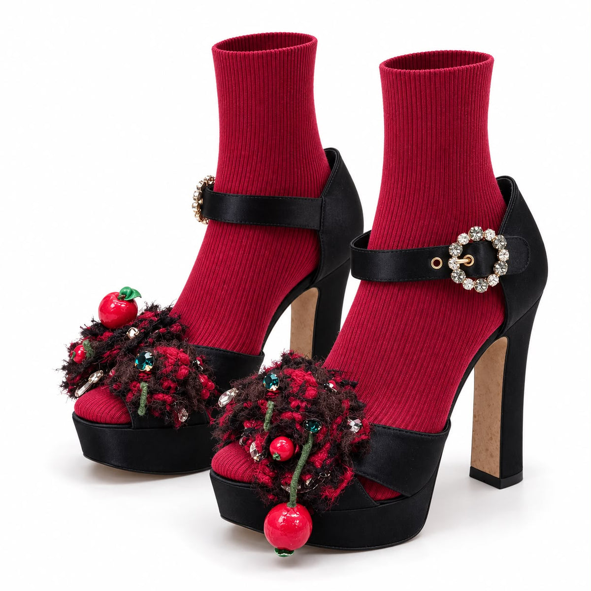 DOLCE & GABBANA – BLACK PLATFORM SANDALS WITH CHERRY EMBELLISHMENTS & RED SOCKS SIZE 37 EU